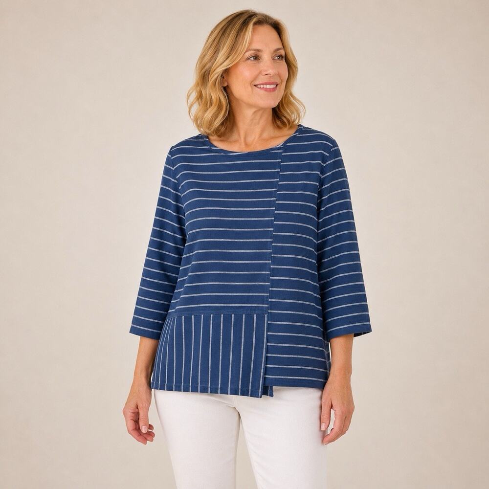Habitat Clothes Large Mix It Boatneck Top Blue Cotton Striped Artsy Lagenlook
